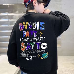 TEMU 남아용 오버사이즈 블랙 그래픽 스웨트셔츠, 멀티컬러 레터링 & 만화 캐릭터 프린트 - 루즈핏 라운드넥 긴팔 캐주얼 티셔츠 (봄/가을용), 세탁기 사용 가능, 매우 넉넉한 핏, 봄 가을 의류, 발랄한 디자인, 라운드넥 스웨트셔츠, 루즈핏 스웨트셔츠, 캐주얼 스웨트셔츠, 남아용 오버사이즈 스웨트셔츠, 긴팔 스웨트셔츠