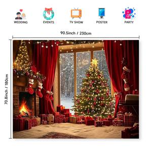 TEMU 1개 축제 크리스마스 트리 및 벽난로 패브릭 장식 - 눈이 내린 창문 유리, 금색 화환 & 따뜻한 벽난로로 구성된 아늑한 휴일 장면 - 사진, 파티 또는 시즌 룸 데코, 크리스마스 트리 장식에 적합, 생일 가랜드, 생일파티 현수막, 가을, 추석현수막, 할로윈 배경, 가을 환경구성