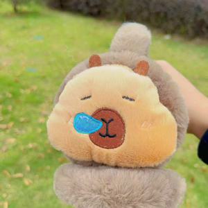 TEMU 귀여운 카피바라 귀 보온 장갑 - 카피바라 얼굴과 꼬리 모양의 플러시 동물 귀 보온 장갑, 부드러운 갈색 겨울 모자, 남녀공용, 서리 방지 귀 보온, 추운 날씨 액세서리 (마스크 불필요)