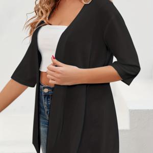 TEMU 우아한 플러스 사이즈 여성용 가디건 - 시크한 단색, 반팔, 오픈 프론트와 높은 신축성 원단, 가을/겨울에 완벽 - 세탁기 사용 가능, 플러스 사이즈 가디건