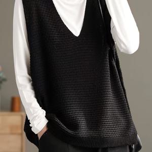 TEMU 단색 브이넥 니트 조끼, 캐주얼 무소매 루즈 스웨터, 여성 의류