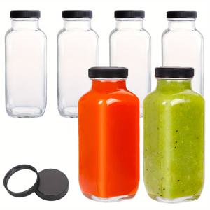 TEMU 6 팩 유리 병, 뚜껑 포함 - 16oz 재사용 가능한 원통형 주스 용기, 누수 방지, 주스, 스무디, 우유, 식기 세척기 안전, 식품 접촉 안전 음료 병, 검은 밀봉 캡, 여행 및 야외 사용