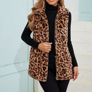 TEMU 프린트 인조 모피 조끼 - 지퍼 플래킷 및 포켓 포함 - 폴리에스터, 슬리브리스, 가을/겨울, 성인, 니트 원단, 안감 무게 100g/m², 안감 성분 폴리에스터