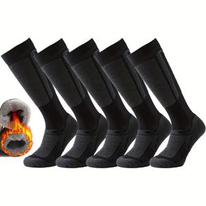 TEMU 남성용 겨울 따뜻한 스키 스노우보드 양말 5켤레, 두꺼운 보온 야외 스포츠 하이킹 양말, 98% 폴리에스터 2% 스판덱스, 니트 원단, 기계 세척 가능 특징이 있는 남성용 양말