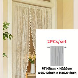 TEMU 2팩 프랑스 고급 플로럴 레이스 شف 커튼, 막대형 포켓 상단 디자인, 거실, 침실, 주방, 발코니, 스터디, 사무실용 가벼운 보일 패널 - 우아한 프라이버시 및 자외선 차단, 손 세탁 가능.