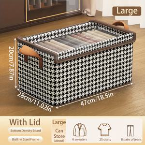 TEMU 1pc TUZA 초대형 접이식 보관 상자, 뚜껑 및 프레임 - 옷, 담요용 직물 정리함 | 가정, 침실, 기숙사용 공간 절약 옷장 솔루션 | 클래식 직사각형 디자인, 금색 손잡이, 옷 보관, 침대 아래 보관|이불정리함