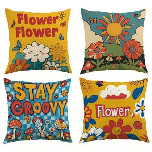 TEMU 4개 세트 만화 귀여운 꽃과 나비 해피 스프링 베개 커버, 컨트리 스타일, 다양한 요소, 지퍼 클로저로 세탁 가능, 홈 데코, 방 장식, 침실 장식, 거실 장식, 다양한 사이즈