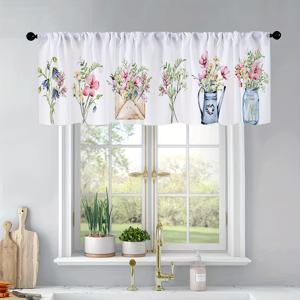 TEMU 1개 봄 여름 꽃병 봉투 야생화 수채화 프린트 주방 커튼 밸런스, 양면 빛 차단 폴리에스터 창문 처리용 거실 침실 욕실 홈 데코, 54x18인치, 세탁기 사용 가능