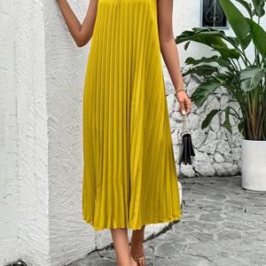 TEMU 여성용 민소매 오프숄더 맥시 드레스 - 우아한 플리츠 A라인 실루엣, 생기 넘치는 노란색, 기계 세탁 가능 폴리에스터, 캐주얼 & 포멀 착용 가능한 부드러운 소재