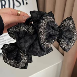 TEMU 여성용 빈티지 스타일 플로랄 리본 헤어 클립 1개 - 블랙 레이스와 반짝이는 장식, 휴가 및 축제에 완벽하며 우아한 헤어스타일에 적합