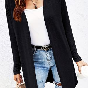 TEMU 여성용 솔리드 컬러 카디건 재킷, 중간 길이 긴팔 캐주얼 아우터웨어
