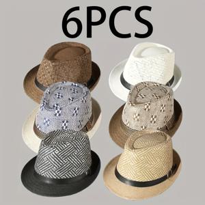 TEMU 남성용 빈티지 파나마 모자 6개 세트 - 가볍고 통기성 좋은 스트로우 소재의 기하학적 패턴 (갈색, , 베이지 등) - 봄/여름, 맥주 축제, 어버이날 선물에 딱! 스타일리시한 봄 모자 | 경량 선물용 모자