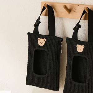 TEMU 1pc 귀여운 만화 동물 습식 휴지 보관 가방, 폴리에스터 섬유 매달린 포켓, 자동차 습식 휴지용, 검정색 - 재미있는 곰과 토끼 디자인의 스테이러 액세서리, 깨끗하게 청소하고 재미있게 사용하세요.|물티슈