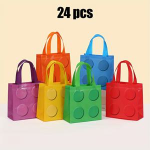 TEMU 24개 블록 디자인 핸들 가방 세트 - 생일, 졸업식, 부활절, 아버지의 날, 어머니의 날용 재사용 가능한 비직 파티 선물 봉투 - 노란색, 파란색, 빨간색, 보라색, 초록색, 주황색 6가지 색상 소형 선물 포장 용기