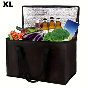 TEMU XL/라지 블랙 보온 장바구니 - 음식을 몇 시간 동안 뜨겁게 & 차갑게 유지, 재사용 가능한 소프트 쿨러백, 튼튼한 지퍼, 가볍고 내구성 있는 야외 캠핑, 배달 등에 적합