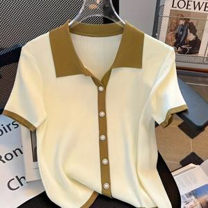 TEMU 여성용 프랑스 감성 폴로 칼라 니트 상의 - 반팔, 가벼움, 버튼 디테일이 있는 컬러 블록 디자인, 봄/여름 캐주얼 착용에 완벽, 봄 패션 상의 | 세련된 폴로 스타일 | 리브드 텍스처