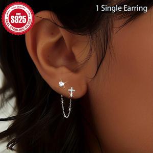 TEMU S925 실버 원피스 하트 크로스 체인 귀걸이 - 로맨틱하고 세련된 디자인, 일상적인 파티 및 다수의 기회에 적합, 여성에게 선물로 이상적인, 하이퍼알러지성