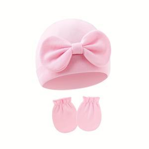 TEMU 신생아 리본 모자 & 스크래치 방지 장갑 세트 2pcs, 귀여운 베이비 헤드웨어 액세서리, 완벽한 선물