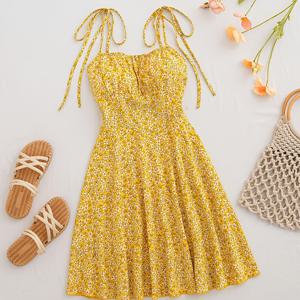TEMU 여성용 여름 플로럴 오프숄더 드레스, 골든 탭과 리본 디테일 - 노란색 플로럴 프린트, 슬리브리스, 캐주얼 및 공식 이벤트에 적합, 캐주얼 드레스 | 플로럴 프린트 드레스 | 우아한 드레스, 플로럴 드레스