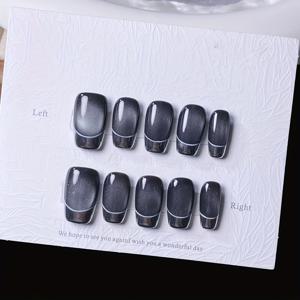 TEMU 10pcs 손으로 만든 사각형 착용 가능한 네일 팁 순백색 글리터 고양이 눈 실버 마법 거울 분사 프랑스 백색 엣지 고급 감성 간단한 스타일 네일 팁|네일팁