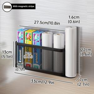 TEMU 1개 자석 주방 정리대 - 마늘 압착기 디자인, 양념병 보관함, 롤업 공간, 랩 & 쓰레기 봉투 수납 가능 - 공간 절약형 카운터탑 또는 냉장고용, 세련된 메탈릭 마감, 다목적 정리함, 컴팩트한 설계, 견고한 구조, 소형 공간 생활용