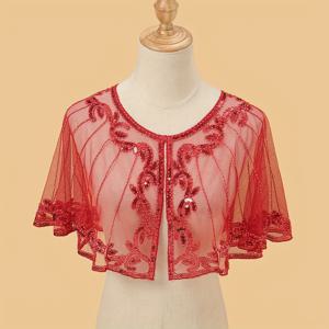 TEMU 여성용 시퀸 & 비즈 케이플렛 숄 랩 - 저중량 통기성 파티 액세서리, 이브닝 드레스용 멀티컬러 럭셔리 장식 숄, 정장 이벤트용 우아한 레이스 디자인