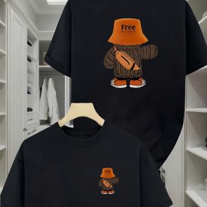 TEMU 귀여운 백팩 베어 그래픽 & 무료 프린트가 있는 남성용 캐주얼 반팔 티셔츠 - 화이트 라운드 넥 여름용 티, 통기성 좋은 레귤러 핏, 세탁기 사용 가능, 일상복, 내구성 있는 원단