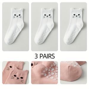 TEMU 3쌍 귀여운 고양이 요가 양말 - 미끄럼 방지 폴리에스터 소재, 통기성 좋은 피트니스 & 필라테스용 - 발바닥 프린트와 고양이 얼굴 디자인, 사계절 착용 가능, 세탁기 사용 가능 - 발렌타인데이 & 어머니날 선물, 고양이 양말, 미끄럼 방지 신발