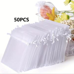 TEMU 50개 투명 오간자 드로스트링 선물 가방 - 오픈 탑 타이 클로저, 우아한 웨딩, 생일, 파티 용품 가방 - 메이크업, 사탕, 보석 정리함 - 이벤트 및 수납용 대량 포장, 선물용 가방, 이벤트 기념품 가방, 매끄러운 질감