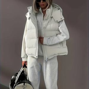 TEMU 2025 가을/겨울 신상 유럽&미국 스타일 심플 캐주얼 스트리트 패션 여성용 슬림핏 민소매 후드 따뜻한 조끼 자켓|민소매