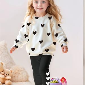 TEMU 봄/가을 여아 패셔너블 신상 세트: 귀엽고 편안한 디자인의 섬세한 하트 프린트, 솔리드 컬러 라운드넥 긴팔 상의와 매칭 하트 프린트 캐주얼 팬츠, 일상복, 외출, 휴가, 파티, 모임에 완벽, 어린 소녀와 가족/친구를 위한 사려 깊은 선물, 야외 활동에 적합