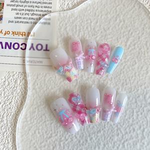 TEMU 10개입 핸드페인팅 체리 & 보우 글로시 프레스온네일 - 3D 층별디자인 발레형 롱 가성비, 핑크 벚꽃과 하트&보우, 재사용 간편적용 (특별한 날/파티/캐주얼), 세부 있는 매니큐어, 내구성 UP|네일|네일아트|네일팁