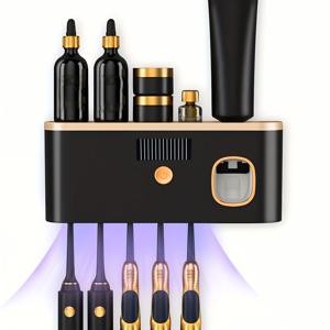 TEMU NIJ 스마트 칫솔 정리대 + 자동 치약 디스펜서 - 벽걸이형 욕실 카운터탑 오거나이저, USB 충전 & 원터치 버튼, 5개 칫솔 및 디스펜서 수납 가능, 전동칫솔 호환 - 공간 절약형 모던 욕실 정리대 (가정용/상업용)