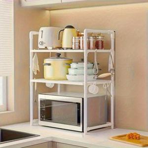 TEMU 2단 전자레인지 랙, 그리드 선반 포함 - 주방용 넓은 공간 절약형 스토리지 랙, 전자레인지 및 가전제품 보관 가능, 손잡이와 후크 포함, 내구성 있는 플라스틱/금속 구조, 현대적인 주방 용품, 튼튼한 설계