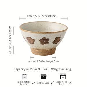 TEMU 1개 일본 수제 핸드페인팅 5인치 스톤웨어 밥그릇, 브라운 플로럴 요거트 & 디저트 그릇, 빈티지 스위트 수프 아침식사용 도자기 그릇, 차도차 세리머니용