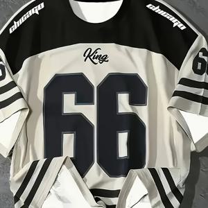 TEMU 남성용 빈티지 하키 저지 - 크림 & 블랙 컬러블록, 넘버 66 킹, 루즈핏 레트로 아이스하키 유니폼 (스포츠 및 캐주얼 웨어) - 세탁기 사용 가능, 게임 데이 아웃핏, 대담한 그래픽 프린트, 편안한 소재, 팀웨어, 스트리트웨어 애호가