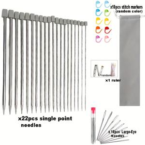 TEMU 22개 스테인리스 스틸 단일점 니들 세트 (잠금 장치 포함), 대형 눈 니들 및 측정 테이프 - 초보자용 싱글 포인트 뜨개질 바늘, 크로셰 훅 2.0-8.0mm 공예 뜨개질 도구