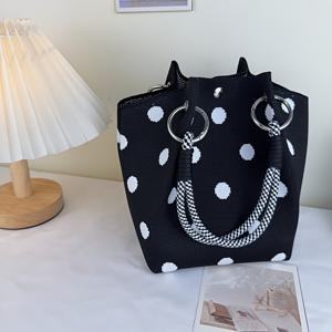 TEMU 심플하고 다용도 니트 핸드백, 블랙 & 화이트 도트 토트백, 스퀘어 버킷백, 여행&휴가용 캐주얼/업무룩 수납공간이 큰 멀티기능형 디자인 지갑 (탈부착 숄더끈)