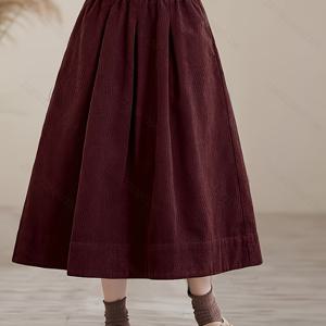 TEMU 여성용 하이웨이스트 A라인 스커트 - 빈티지 스타일 미드-길이 코듀로이 스커트 포켓 포함, 단색, 가을/겨울에 완벽, 캐주얼 또는 드레시한 의상에 다용도, 캐주얼 웨어 | 빈티지 A라인 스커트 | 여성용 코듀로이 원단, 긴 코듀로이 스커트, 여성용 스타일리시 코듀로이 스커트