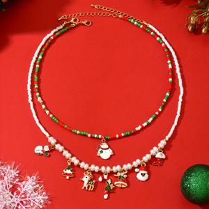 TEMU 크리스마스 눈사람, 벨, 크리스마스 트리 펜던트 목걸이 세트 2개, 빈티지 패션 심플 인스 스타일 핸드메이드 비드 진주 목걸이 잠금장치 1세트