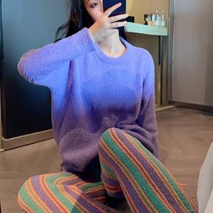 TEMU 여성용 포근한 플리스 파자마 세트 - 퍼플 코랄 플리스, 두꺼운 따뜻한 홈웨어, 자수 디테일, 긴소매, 라운드넥, 벨트, 겨울에 완벽, 캐주얼 스타일, 성인 사이즈, 겨울 파자마|캐주얼 스타일 파자마|플리스 원단, 여성 파자마, 여성용 파자마, 여성용 잠옷