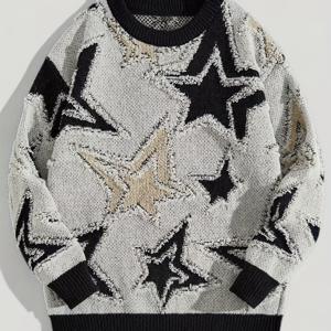 TEMU 남성용 겨울 오버사이즈 스웨터 재킷, 별 & 줄무늬 니트 패턴 - 베이지/갈색/검정/골든 칼라, 더블 레이어 버튼 프리 풀오버 코트, 캐주얼 스타일 (손세탁 가능)