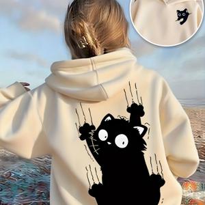 TEMU 여아용 귀여운 고양이 프린트 후드 스웨트셔츠 - 오버사이즈 루즈핏 후디, 블랙 & 화이트 새끼고양이 백 디자인, 베이지 스웨터, 봄/가을, 아웃도어 & 캐주얼 웨어, 세탁기 사용 가능 (건조기 금지)