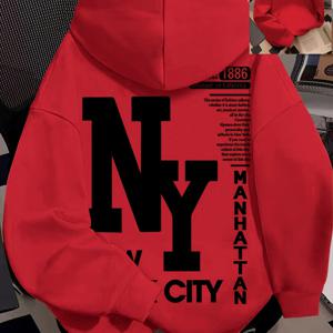 TEMU 여성 & 남성 오버사이즈 후드 스웨트셔츠 - 부드러운 기모 안감 겨울 풀오버, 대담한 NYC 레터링 & 뉴욕시 프린트, 가을 & 겨울 캐주얼 스트리트웨어 스웨터, 포근한 의류, 스트리트웨어 패션, 기하학적 패턴, 따뜻한 원단