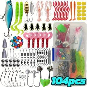 TEMU 초보자를 위한 필수 표면 낚시 루어 세트 (하드 베이트, T-테일, 소프트 베이트, 크랭크 베이트, 다양한 낚시 액세서리 포함), 모든 수역에 적합, 428/104 낚시 키트, 박스 포함 완벽한 낚시 장비, 선물용으로 적합.
