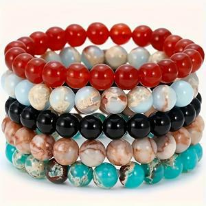 TEMU 타이거 아이 & 인디언 아게이트 천연석 비즈 5개 세트 - 남성용 탄성 코드 팔찌 (마블링/라인/레드 베이닝/핑크 제브라 패턴) - 데일리웨어, 파티, 선물 (발렌타인데이, 아버지의 날) - 사계절 착용 가능