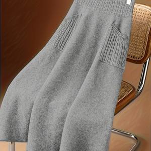 TEMU 플러스 사이즈 - 단색 포켓 A라인 스커트, 미디 스커트, 우아한 여성용 포켓 스커트, 단색 골지 텍스처 플러스 사이즈 스웨터 스커트, 캐주얼하고 편안함.