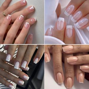 TEMU 96개 프레스온 네일 세트 - 누드 & 핑크 사각형, 중간 길이, 거울 같은 완벽한 색상 마무리, 프랑스 팁 디자인 미러 파우더 포함, 젤리 글루 & 네일 파일 포함, 분리 가능한 접착제 네일 팁 | 신부 네일 | 결혼식 네일