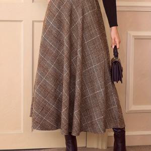 TEMU 플레드 하이웨이스트 A라인 미디 스커트 - 캐주얼 폴리에스테르 100% 짠 원단, 벨트가 달린 풀 스윙 스커트, 올 시즌 - 체크 무늬