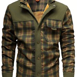 TEMU 남성용 포근한 플리스 안감 체크무늬 재킷 - 가을/겨울용 캐주얼 따뜻한 버튼업 셰킷, 가슴 포켓, 긴 소매, 폴리에스테르, 갈색 & 회색